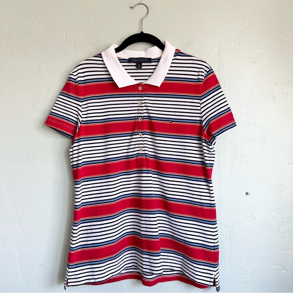 Tommy Hilfiger Women's Classic Striped Polo Shirt Large EUC Nautical Preppy Y2K